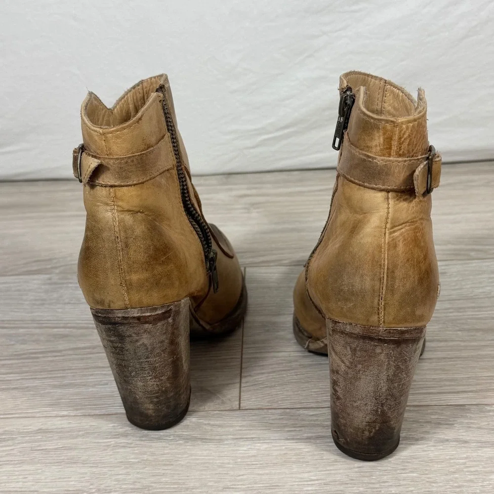 Bed‎ Stu Distressed Tan Isla Leather Ankle Boots Block Heel Side Zip 8078 Size 8